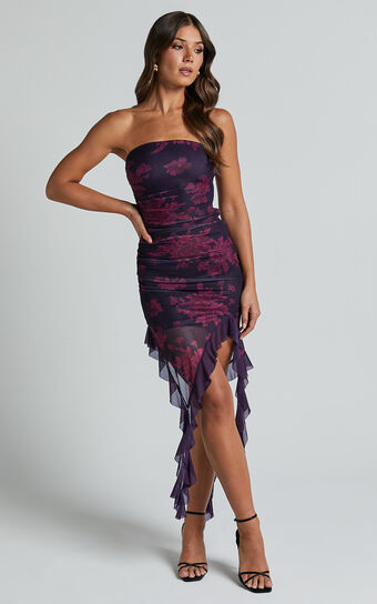 Ghelyn Midi Dress - Mesh Strapless Ruffle Detail Bodycon Dress in Purple