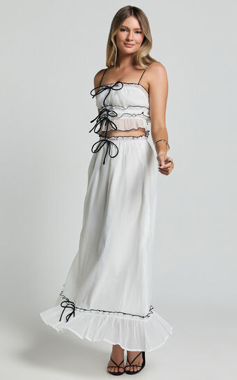 Jaden Maxi Skirt - Gathered Contrast Tie Detail Skirt in Cream