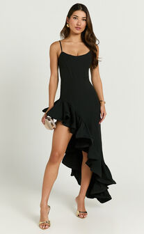 Maura Maxi Dress - Scoop Neckline Ruffle High Low Dress in Black