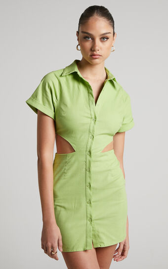 Hannie Mini Dress - Collared Button Through Cut Out Shirt Dress in Green