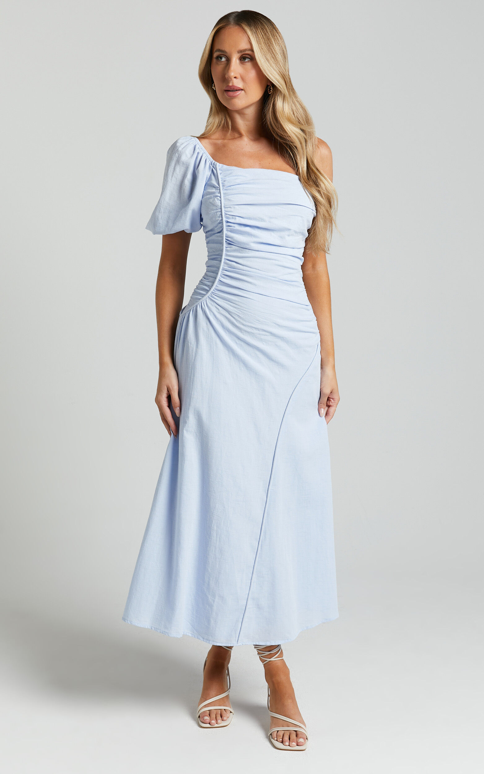 Menceth Midi Dress - One Shoulder Puff Sleeve Ruched Dress in Blue - 06, BLU1