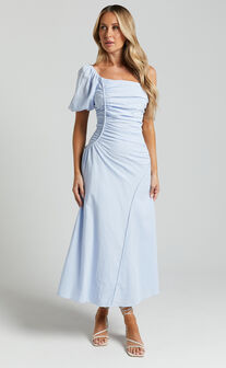 Menceth Midi Dress - One Shoulder Puff Sleeve Ruched Dress in Blue