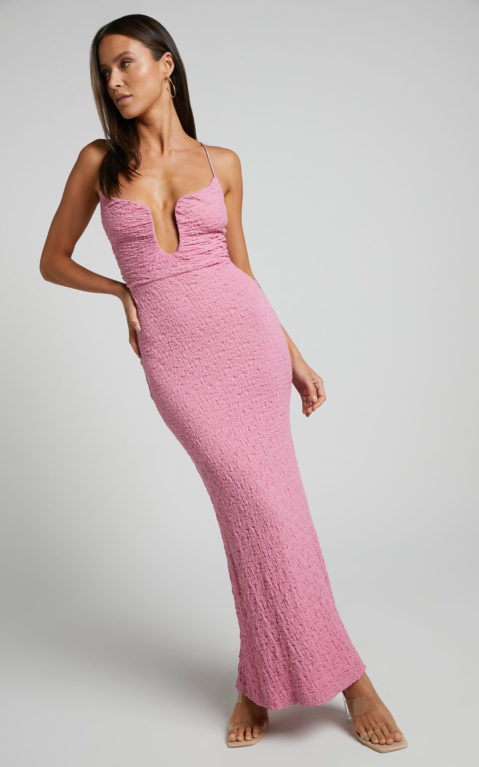 Charlee Midi Dress Bodycon Sweetheart Cut Out Bust Thin Strap Dress in Pink