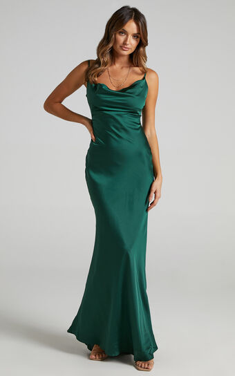 Lunaria Midi Dress - Cowl Mermaid Slip Dress in Emerald Satin