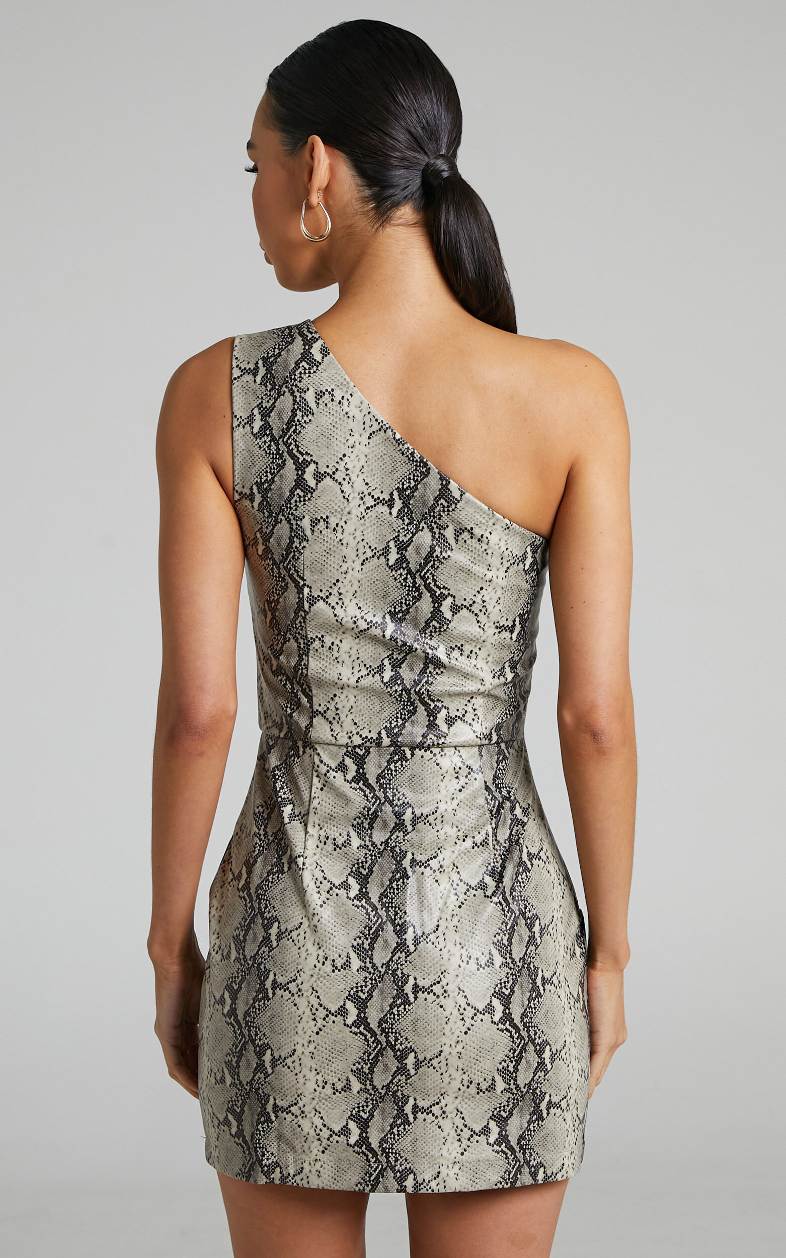 Tyanne Mini Dress Faux Leather Snake Print One Shoulder Dress in Nude Snake Showpo USA