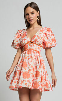 Natalia Mini Dress - Puff Sleeve Cut Out Dress in Orange Floral