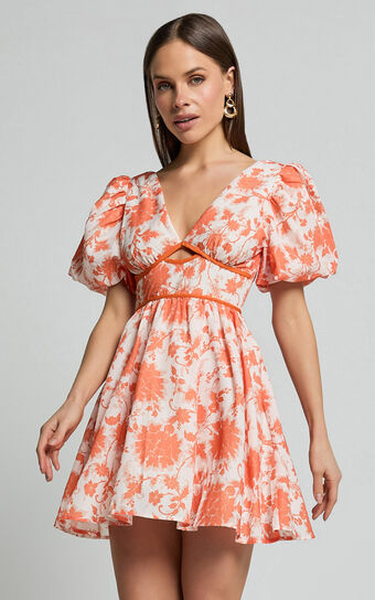 Natalia Mini Dress - Puff Sleeve Cut Out Dress in Orange Floral