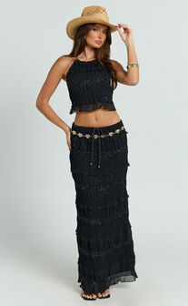 Alice Maxi Skirt - Embellished Ruched Skirt in Black
