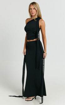Rhoda Two Piece Set - Scarf Top and Tie Detail Maxi Skirt Set in Black