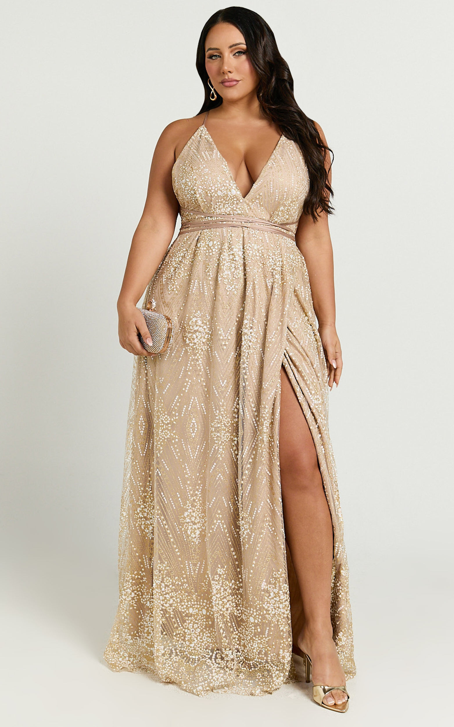 New York Nights Maxi Dress Sequin Plunge Cross Back Dress in Gold Showpo USA