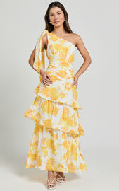 Krissy Midi Dress - Asymmetrical Tie Shoulder Layered Dress in Yellow ...