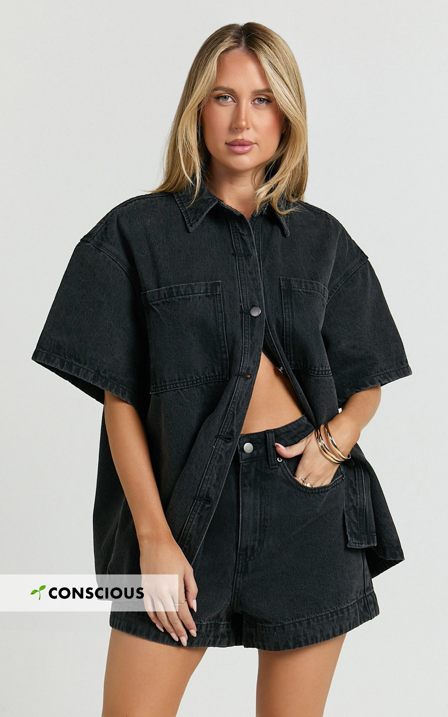 Rhianna Top - Oversized Recycled Denim Short Sleeve Shirt in Washed Black - 06, BLK2