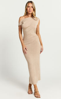 Stefanie Midi Dress - Off The Shoulder Bodycon Knit Midi Dress in Beige