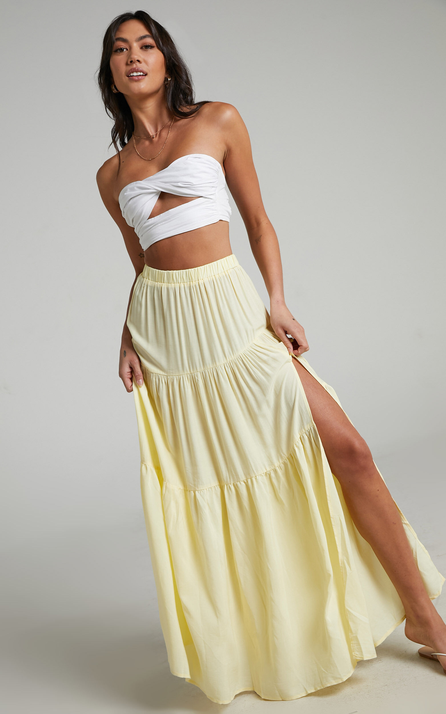 Kasiani Asymmetric Tiered Maxi Skirt in Cream Showpo EU