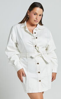 Desi Mini Dress - Long Sleeve Collared Button Through Denim Dress in Off White