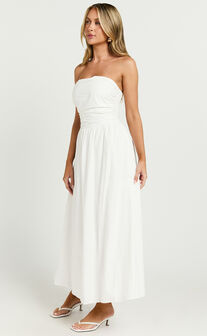 Polly Midi Dress - Strapless Ruched Dress in White