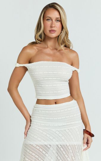 Hayden Top - Twist Off Shoulder Lace Crop Top in White