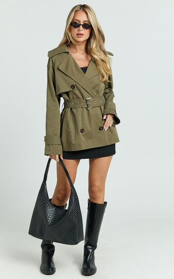 Vicky Jacket - Short Belted Trench Coat in Olive