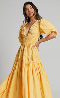 Mellie Midi Dress - Puff Sleeve Plunge Tiered Dress in Pineapple