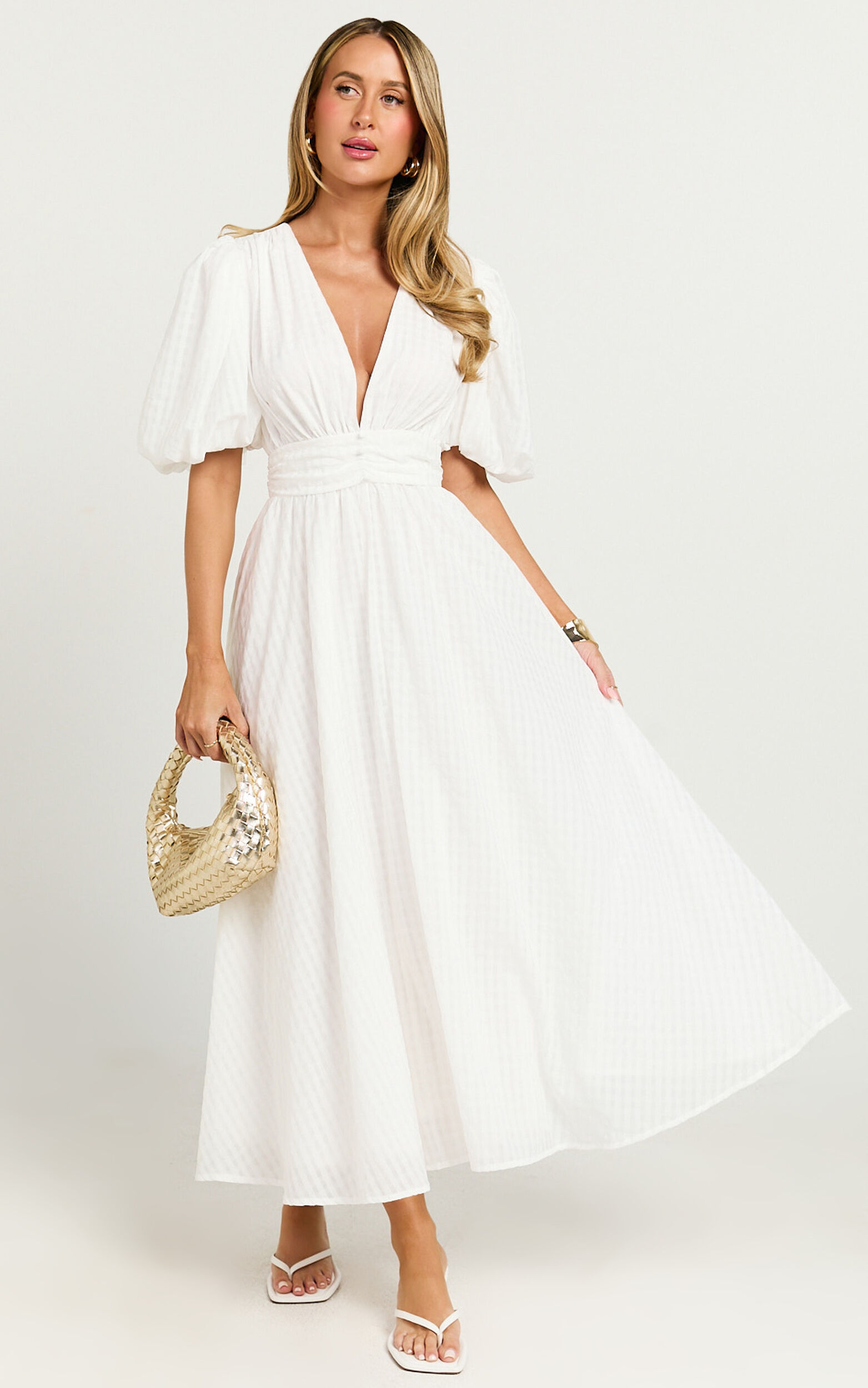 Xandy Midi Dress - Textured Puff Sleeve Plunge Dress in White - 06, WHT1