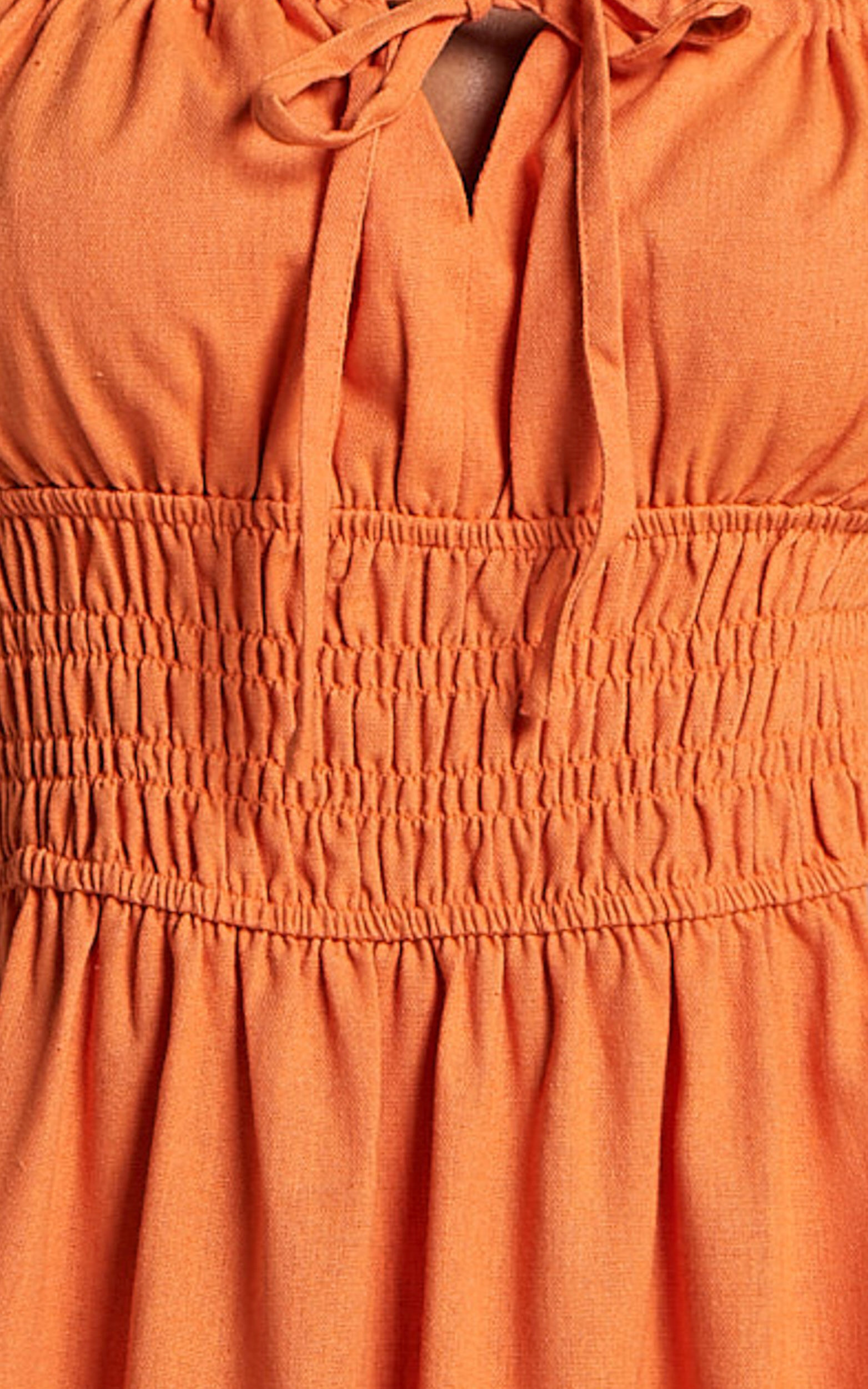 Claritza Midi Dress - Linen Look Short Puff Sleeve Square Neck Tiered Dress in Sherbert | Showpo NZ