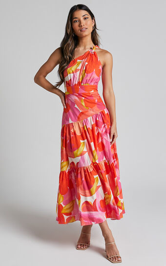 Merclaire Midi Dress - One Shoulder Tiered Dress in Orange Floral