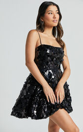 Nikola Mini Dress - Fit and Flare Sequins Dress in Black | Showpo