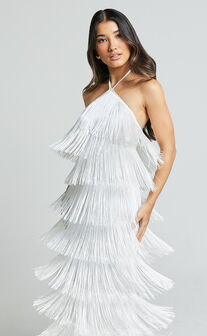 Trixie Maxi Dress - Diamond Halter Neck Fringe Tiered Dress in White