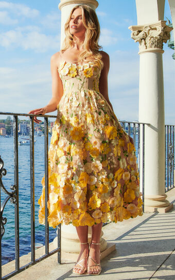 Amalie The Label Mia Strappy Flower Detail Midi Dress in Yellow