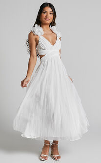 Marielly Midi Dress - Side Cut Out V Neck Ruffle Detail Sleeve Dress in White
