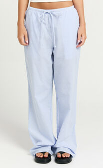 Harlo Pants - Mid Waisted Relaxed Leg Stripe Pants in Blue/ White