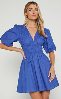 Francesca V Neck Puff Sleeves Mini Dress in Cornflower Blue