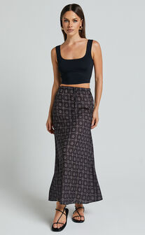 Brunita Midi Skirt - Low Waisted Drawstring Slip Skirt in Sol De Cruz Print
