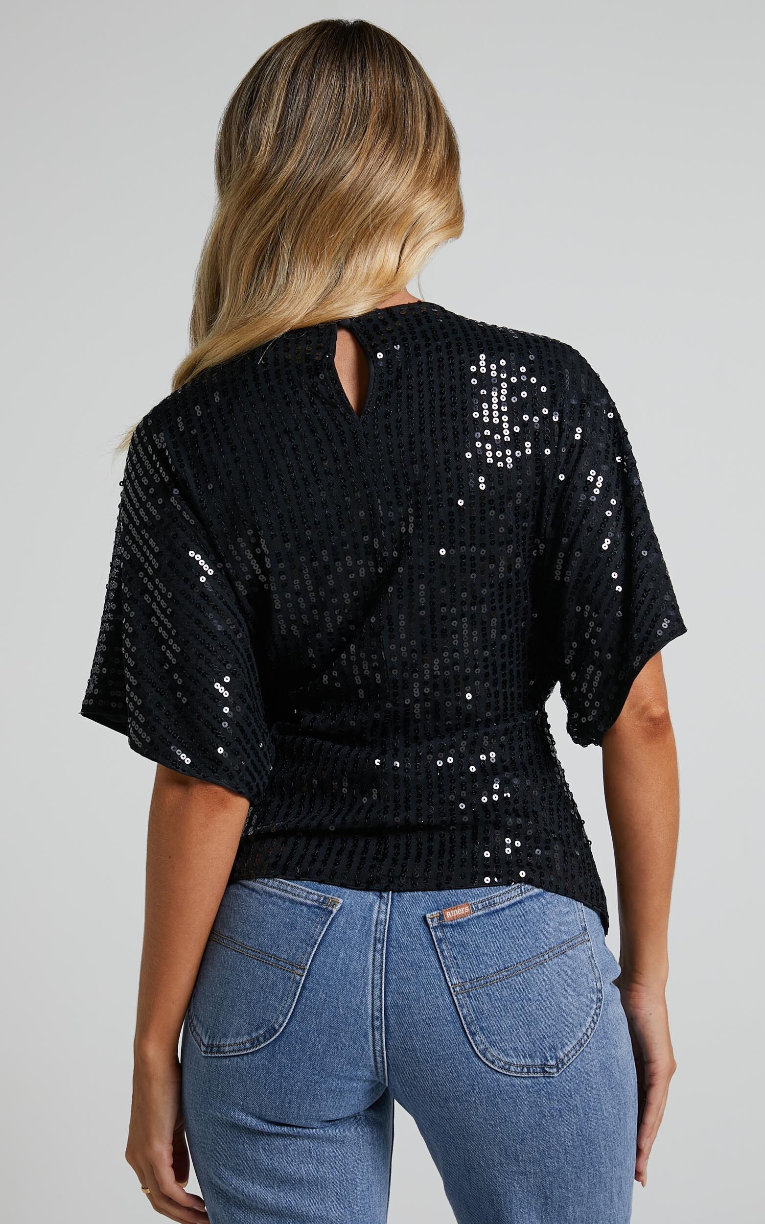 Zoey Batwing Top Twist sequin Batwing Top in Black Showpo USA