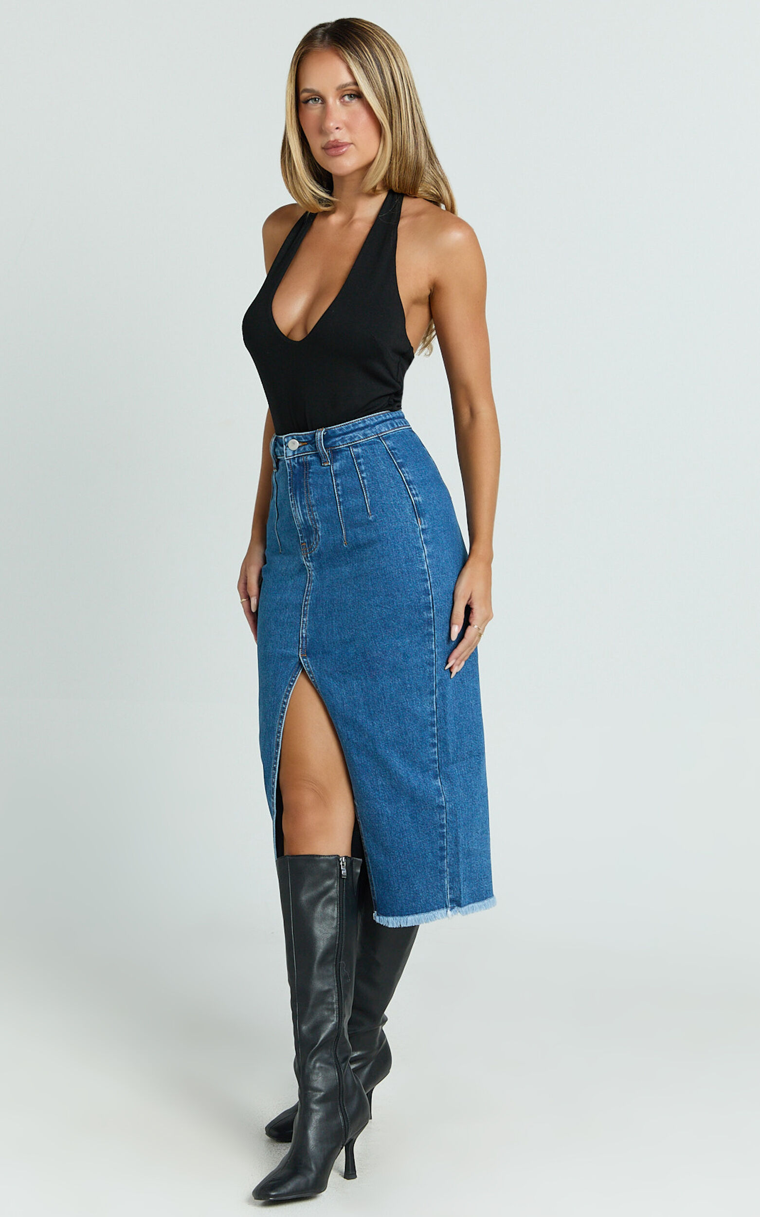 Janeve Midi Skirt - Front Split Denim Skirt in Dark Blue