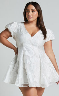 Brailey Jacquard Mini Dress - Puff Sleeve Dress in White
