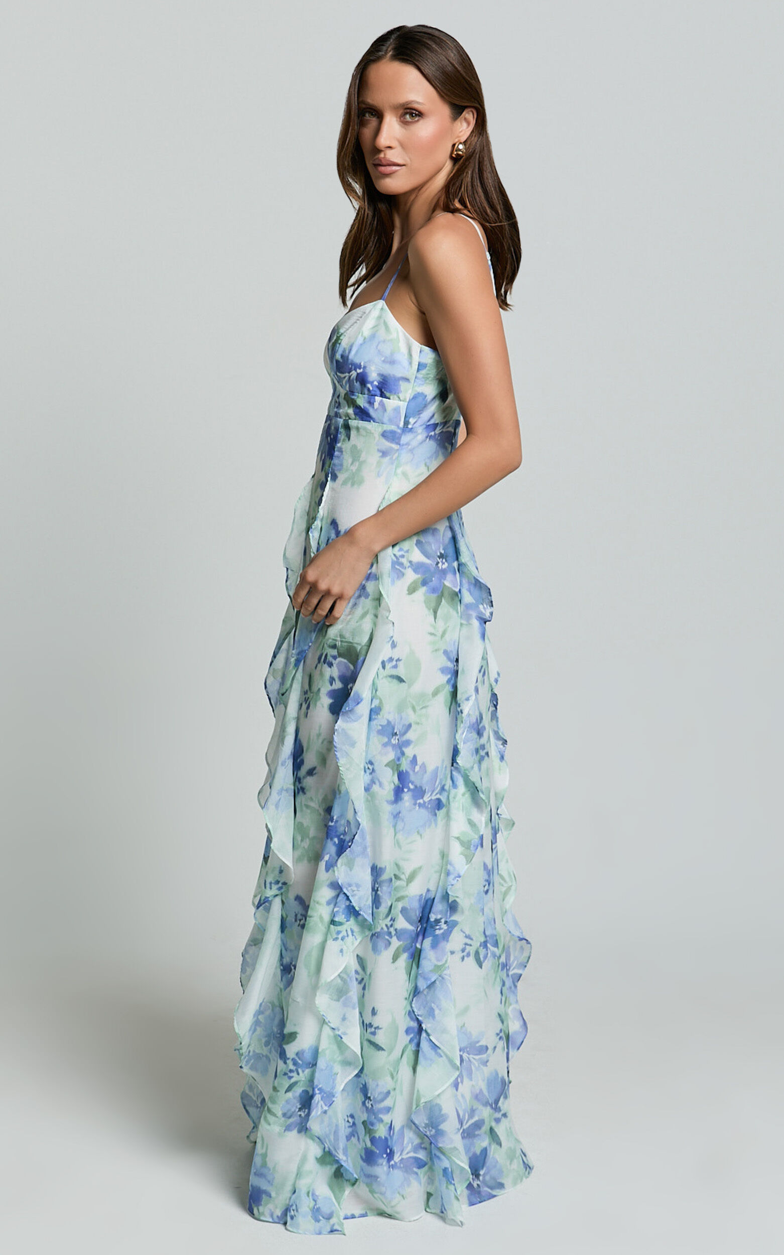 Amalie The Label Rosalie Strappy Cut Out Ruffle Detail Maxi Dress in Elysian Print Showpo NZ