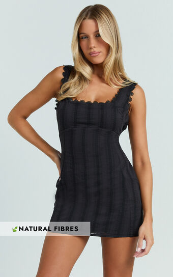 Sylvia Mini Dress - Square Neck Lace Trim A Line Mini Dress in Black