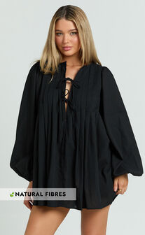 Suzette Mini Dress - High Neck Tie Front Long Sleeve Pleat Front Babydoll Dress in Black