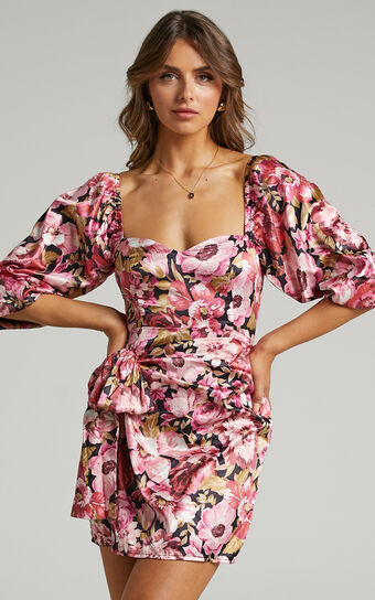 Chloie Puff Sleeve Drape Mini Dress in Boudoir Blooms