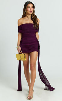 Hermie Mini Dress - Off Shoulder Ruched Mesh Draped Dress in Wine