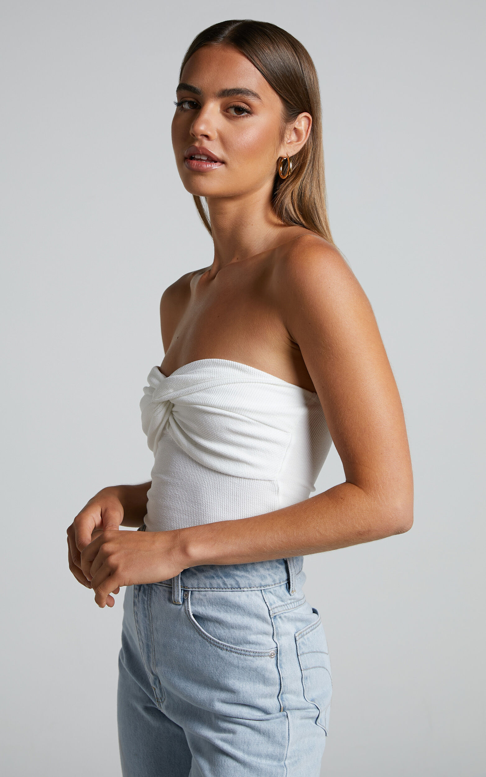 Jelena Top - Jersey Strapless Twist Front Top in White | Showpo USA
