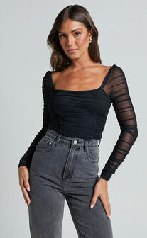 Casen Bodysuit - Long Sleeve Ruched Mesh Bodysuit in Black