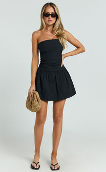 Donatella Mini Dress - Strapless Drop Waist Dress in Black