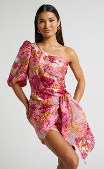 Brailey Mini Dress - One Shoulder Puff Sleeve Dress in Pink Jacquard