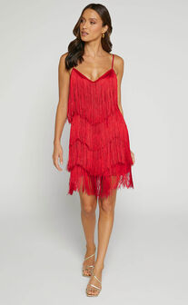 Siofra Mini Dress - Zig Zag Fringe Dress in Red