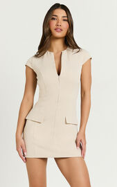 Nina Mini Dress - Zip Front Cap Sleeve Dress in Cream | Showpo