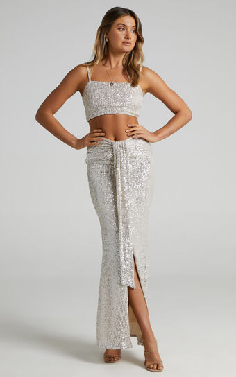 Anmae Two Piece Set - Square Neck Drape and Split Front Midi Skirt Set in Champagne Sequin