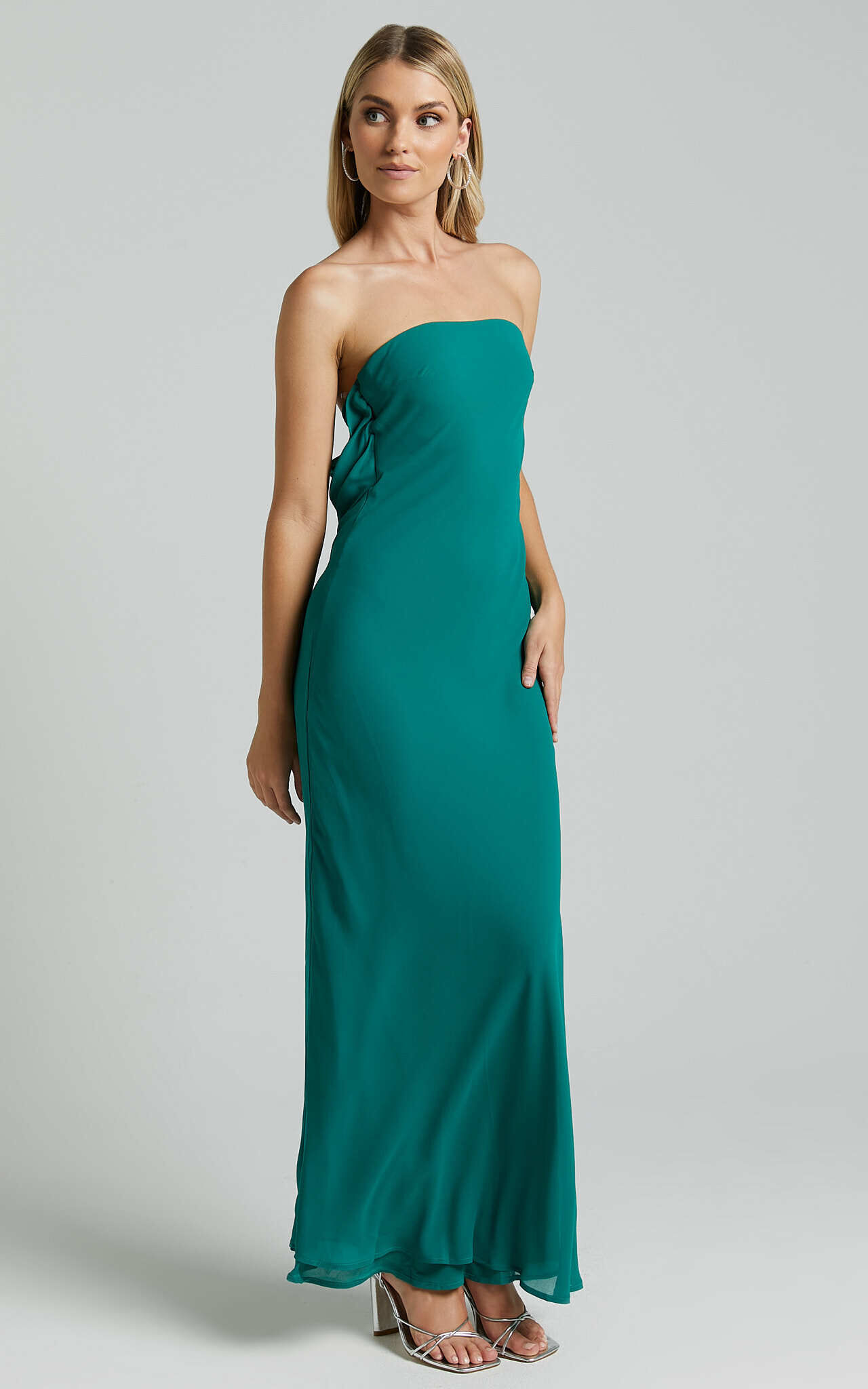 Laurelle Maxi Dress Strapless Straight Neck Tie Back Cowl Slip in Jade Green Showpo USA