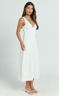 Zula Midi Dress - V Neck Sleeveless Under Bust Seam Circular Skirt Dress in White